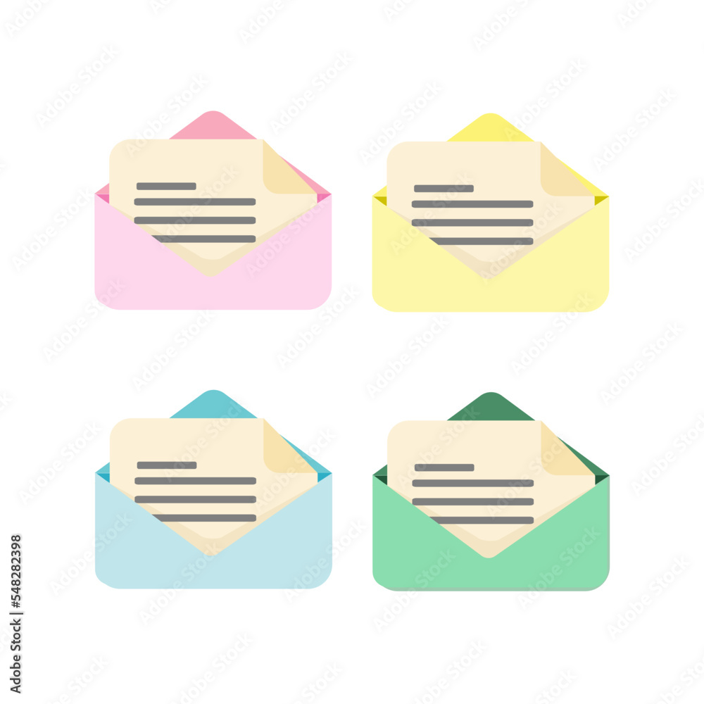 Set of 4 colors flat envelopes on white background. Set of 4 colors flat envelopes on white background.