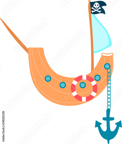 Pirate sailing ship, old yacht traveling by sea, black flag, symbol, skull and crossbones, cartoon style vector illustration.