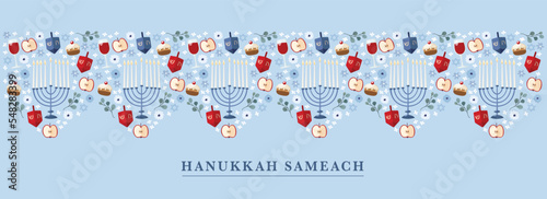Happy Hanukkah, Hanukkah Sameach web banner. Festive Jewish Holiday greeting card, invitation with chanukija candleholder, wine, dreidel toys. Doughnuts and apples. Vector illustration background.