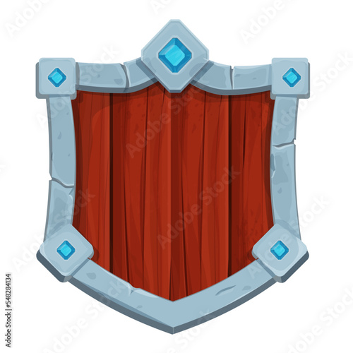 Stone and wooden shield armour medieval in cartoon style isolated on white background. Game weapon, frame, menu element. 