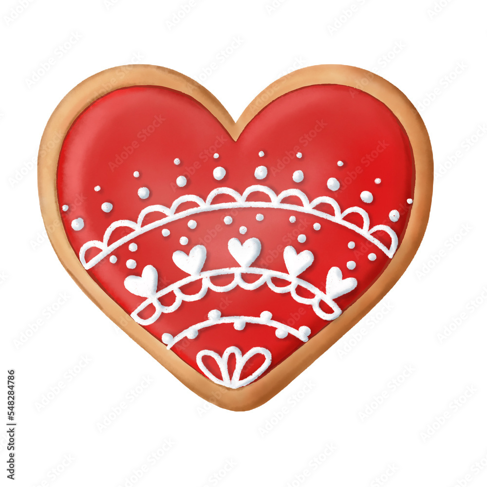 Gingerbread cookie red heart with white icing clipart in hand draw style Gingerbread cookie red heart with white icing clipart in hand draw style