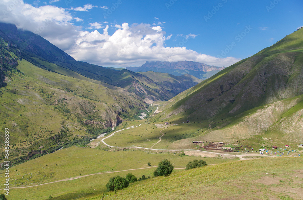 Scenic view of Chegem Gorge from Paradrome Chegem. Russia, Caucasus, Kabardino-Balkaria