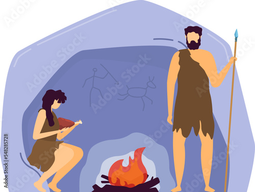 Character male female caveman, barbarian family rest cavern isolated on white, flat vector illustration. Warrior man hand hold ancient spear.