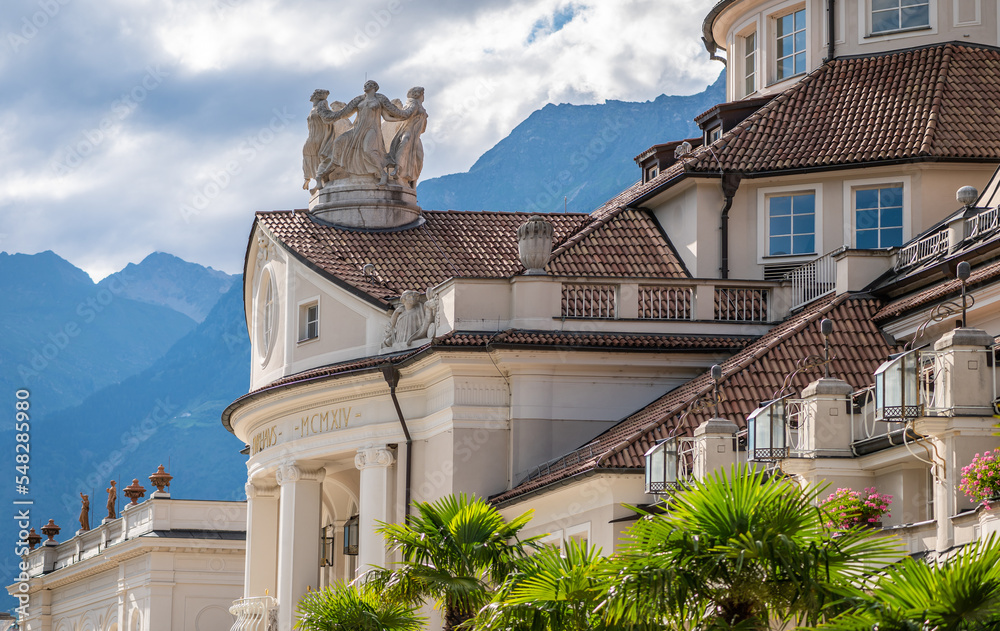 Merano (Meran) city: the Kurhaus building on the Tappeiner Promenade in the historic South Tirol town, Bolzano province, Trentino Alto Adige, northern Italy - Europe Merano (Meran) city: the Kurhaus building on the Tappeiner Promenade in the historic South Tirol town, Bolzano province, Trentino Alto Adige, northern Italy - Europe