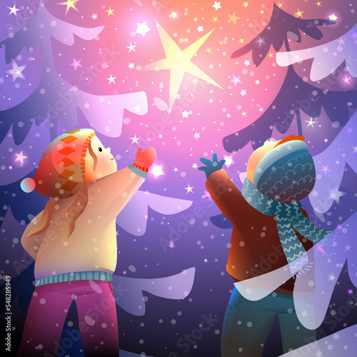 Magical winter forest scene with children watching shooting stars in sky, making wish. Boy and girl kids in magical winter woods. Christmas or New Year greeting card. Vector illustration.