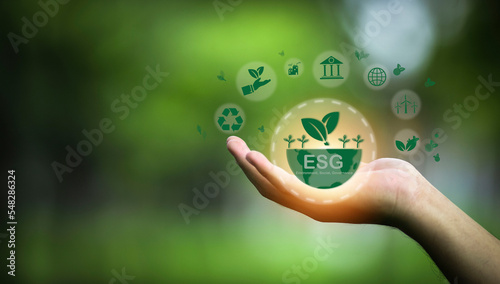 ESG on a wooden block is a concept for sustainable corporate development. Taking into account the responsibility in 3 main areas: environment, society and good governance
