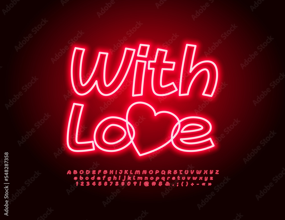Naklejka premium Vector bright Greeting Card With Love! Red glowing Font. Neon Alphabet Letters and Numbers set