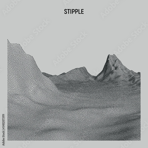 Vector landscape of mountain in dotwork style. Stipple illustration design. Old retro dot texture vintage gradient. Pointillism graphic. Grain terrain wallpaper.