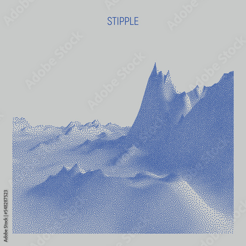 Vector landscape of mountain in dotwork style. Stipple illustration design. Old retro dot texture vintage gradient. Pointillism graphic. Grain terrain wallpaper.