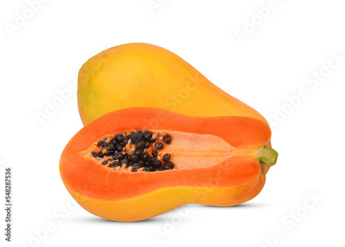 Papaya fruit with seeds isolated on white background