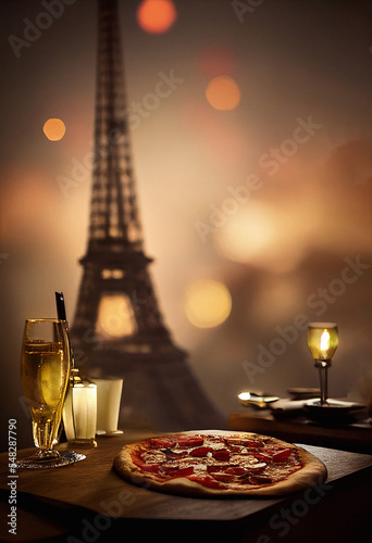 Pizza with Eiffel Tower view © katrina