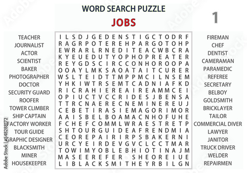 Word search puzzle vector (Word find game) illustration. Jobs.
