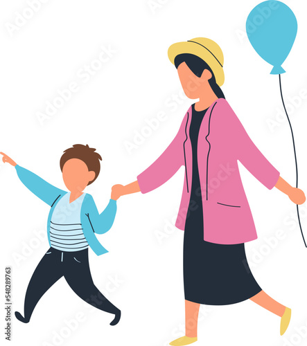 City dwellers, cheerful walking, happy young mother together with baby, caring woman. design, cartoon style vector illustration.