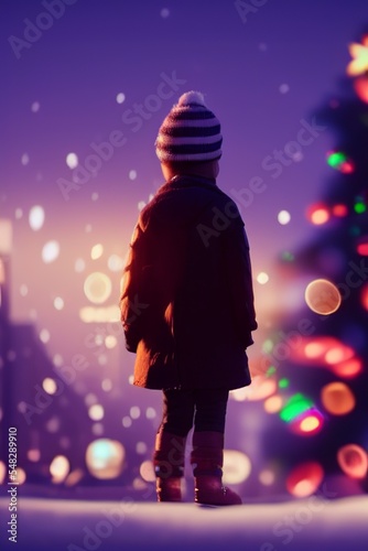 AI-generated Image Of A Little Boy Looking At The Big City Christmas Lights