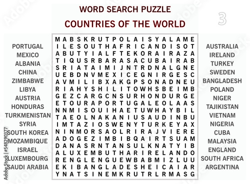 Word search puzzle vector (Word find game) illustration. Countries of the World - 03