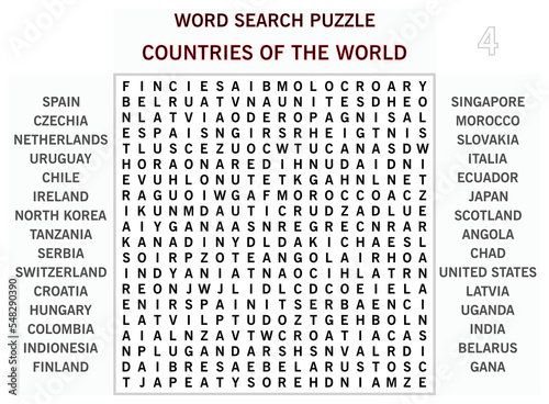 Word search puzzle vector (Word find game) illustration. Countries of the World - 04