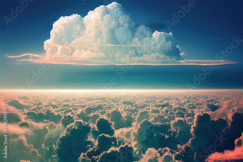 interesting cloud formation with one main cumulusnimbus cloud on a separate level, generative ai photo