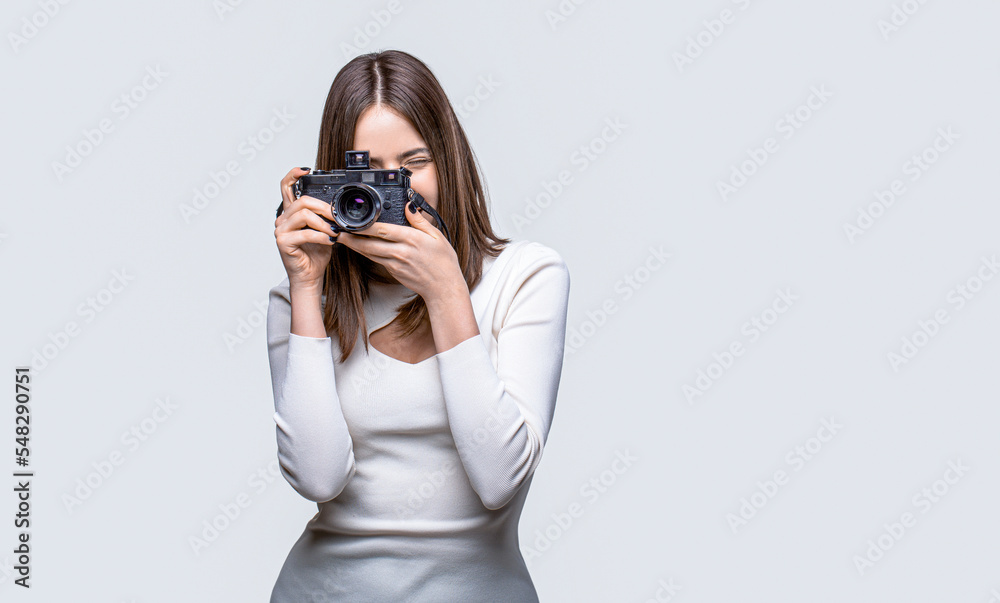 Photographer camera photo, photographing girl joy make photography taking concept. Girl with a cameras. Woman holding camera over gray background. Girl using a camera photo Photographer camera photo, photographing girl joy make photography taking concept. Girl with a cameras. Woman holding camera over gray background. Girl using a camera photo