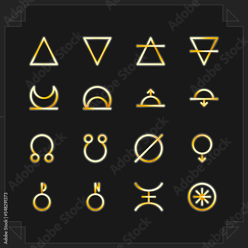 ASTROLOGY ELEMENTS zodiac horoscope thin line label linear design esoteric stylized elements symbols signs. Vector illustration icons photo