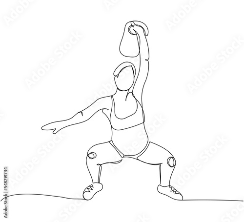 Pregnant woman doing strength exercises one line art. Continuous line drawing of pregnancy, sports kettlebell, motherhood, fitness, preparation for childbirth, strength training.
