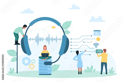 Customers support service vector illustration. Cartoon tiny team of call center operators holding big headphones with microphone and talking with clients, online work of technical assistants