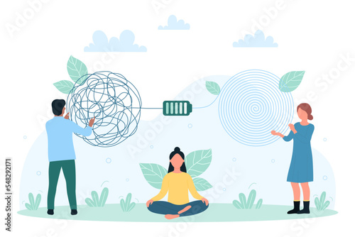 Psychology, help and therapy for mental health of patient vector illustration. Cartoon tiny people psychologists unravel tangle of problems and chaos in thoughts of woman with depression and anxiety