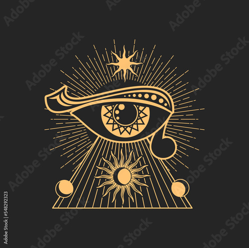 Esoteric symbol magic eye, occultism talisman, all seeing eye. Vector tattoo occult mason sign, providence all seeing eye, sun and moon, tarot pyramid