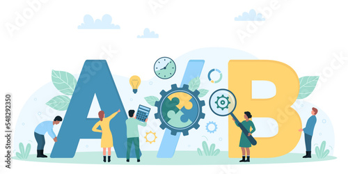 A B split test vector illustration. Cartoon tiny people compare two results, users study and choose best choice with magnifying glass and calculator. Comparison, optimization, analytics concept