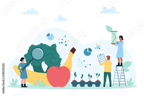 Scientific research and analysis of agriculture food products in laboratory vector illustration. Cartoon tiny characters analyzing fruit and vegetables with magnifying glass. Farm, science concept