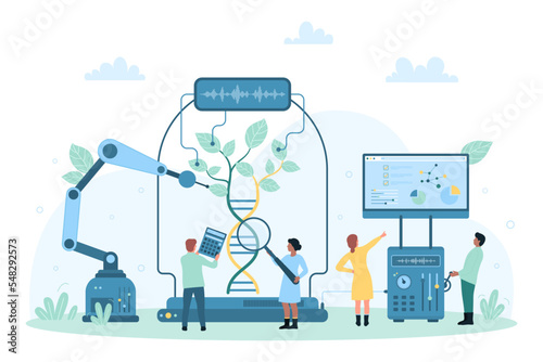 Biotechnology, futuristic science research vector illustration. Cartoon tiny people engineering green plant from helix of DNA, using robots and scientific laboratory equipment for lab biotech tests