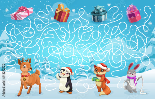 Christmas kids labyrinth maze game. Help to cute animals find them gifts quiz puzzle. Vector worksheet with winter holiday forest trees, Xmas presents and cartoon deer, rabbit or bunny, fox, penguin