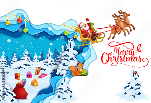 Christmas paper cut flying santa sleigh over the snowy forest. Vector 3d papercut layered effect card with funny cartoon Father noel riding sled in sky with snow, cute squirrel and xmas holiday gifts