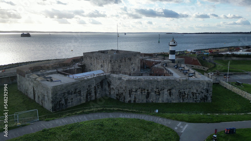 Aerial shot of the Southsea Castle in Portsmouth, England, on the coast of an ocean photo