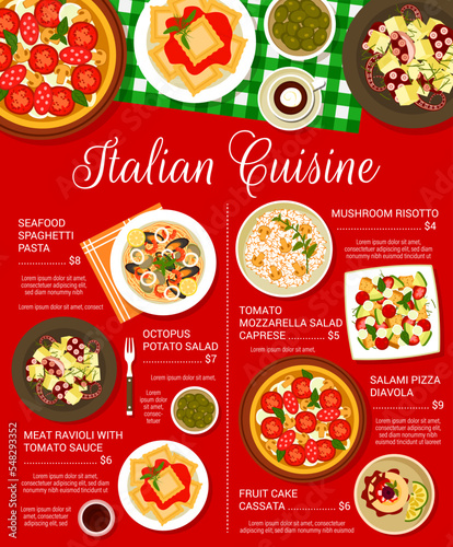 Italian cuisine food menu page. Mushroom risotto, octopus potato salad and meat ravioli with tomato sauce, cake Cassata, pizza Diavola and tomato mozzarella salad Caprese, seafood spaghetti pasta