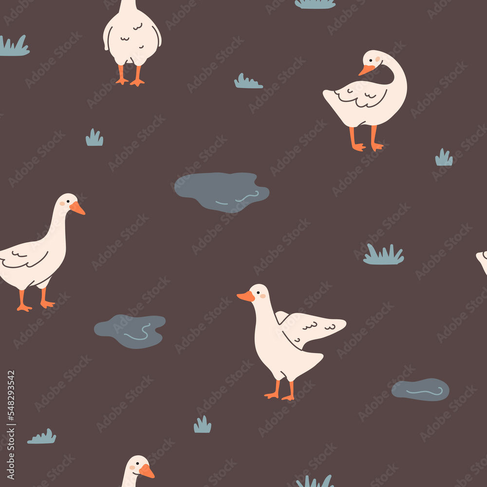 Obraz premium Trendy pattern with cute white gooses, puddles and grass. Seamless scandinavian geese pattern. Vector domestic goose background. Funny rustic print. Vector illustration.