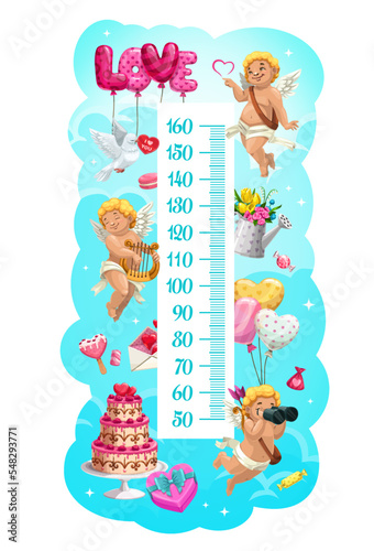 Kids height chart with cupids, balloons and sweets, vector growth meter. Kids height measure or baby tall scale with cartoon angels, love balloons, flowers and Valentine heart gifts on clouds