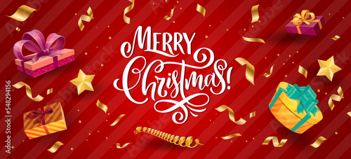 Christmas banner holiday gifts and golden confetti. Vector greeting card with serpentine, gift boxes and gold stars on red background. Xmas holiday congratulation lettering and flying presents