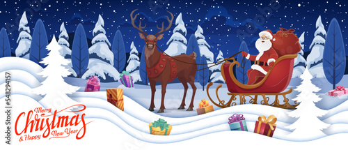 Christmas banner, cartoon Santa on sleigh, gifts in snow and winter forest, vector landscape. Merry Christmas and Happy New Year holiday paper cut card, Santa on reindeer sleigh in paper cutout layers