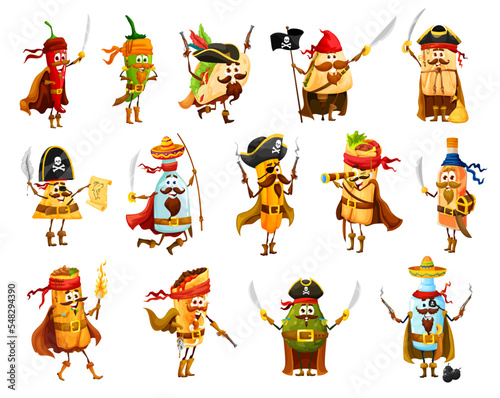 Tex mex mexican food pirates and corsairs funny characters. Vector jalapeno, tacos, nachos and burrito, tamale, pulque, tequila, avocado and churro with chimichanga or mezcal filibuster personages