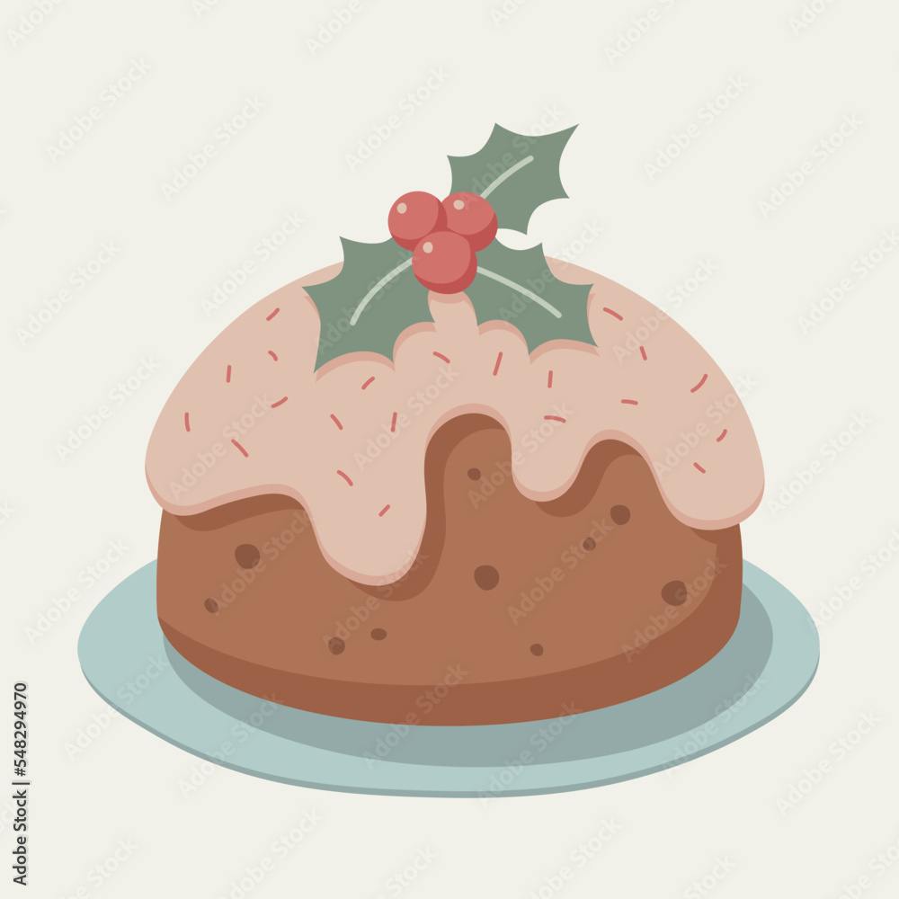 Christmas plum pudding cake with pink sweet glaze, toppings, holly and berries. Can be used for diary, bullet journal, gift wrap, icons, stickers. Vector illustration.
