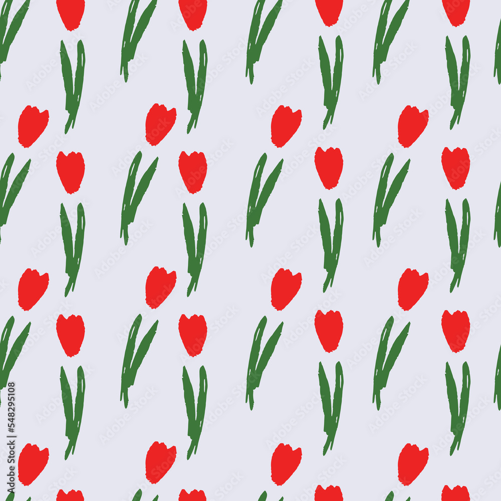 Obraz premium Red tulip and green leaves seamless pattern. Vector illustration. Pattern for print, wallpaper, gift wrap, textile, fashion, packaging, cover, wrapping paper.