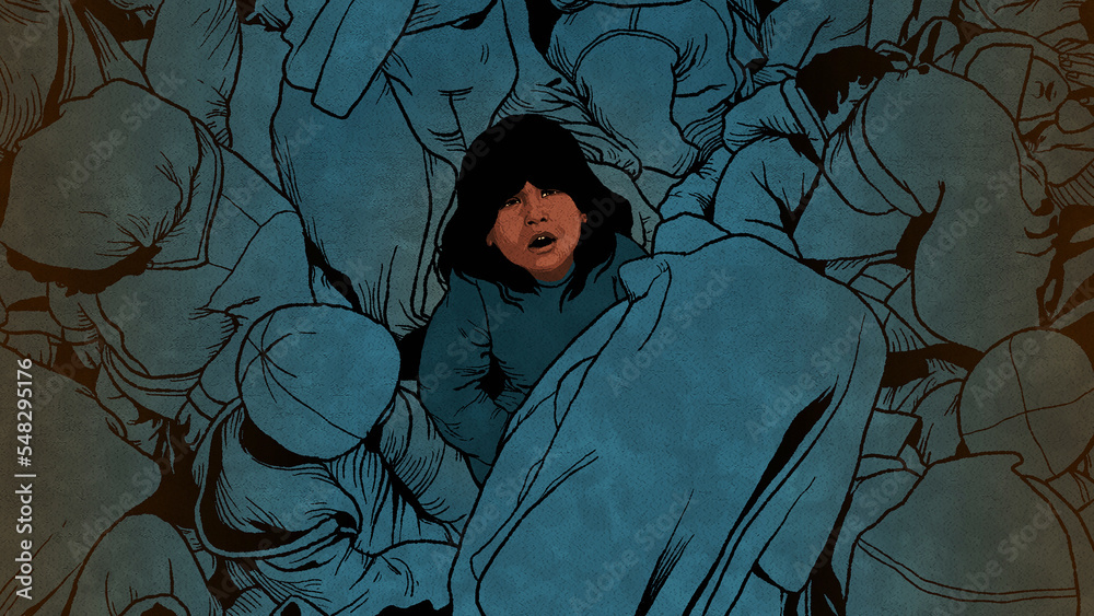 © IKON Images - Distressed young girl looking up from cramped sleeping people © IKON Images - Distressed young girl looking up from cramped sleeping people