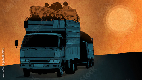 Lorry overloaded with migrant families and their possessions photo