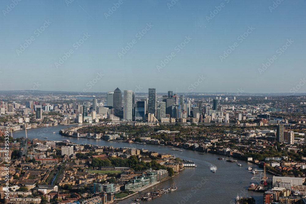 Aerial view of the Isle of Dogs in London, England