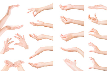 Set of woman hands showing, holding and supporting something. Isolated with clipping path