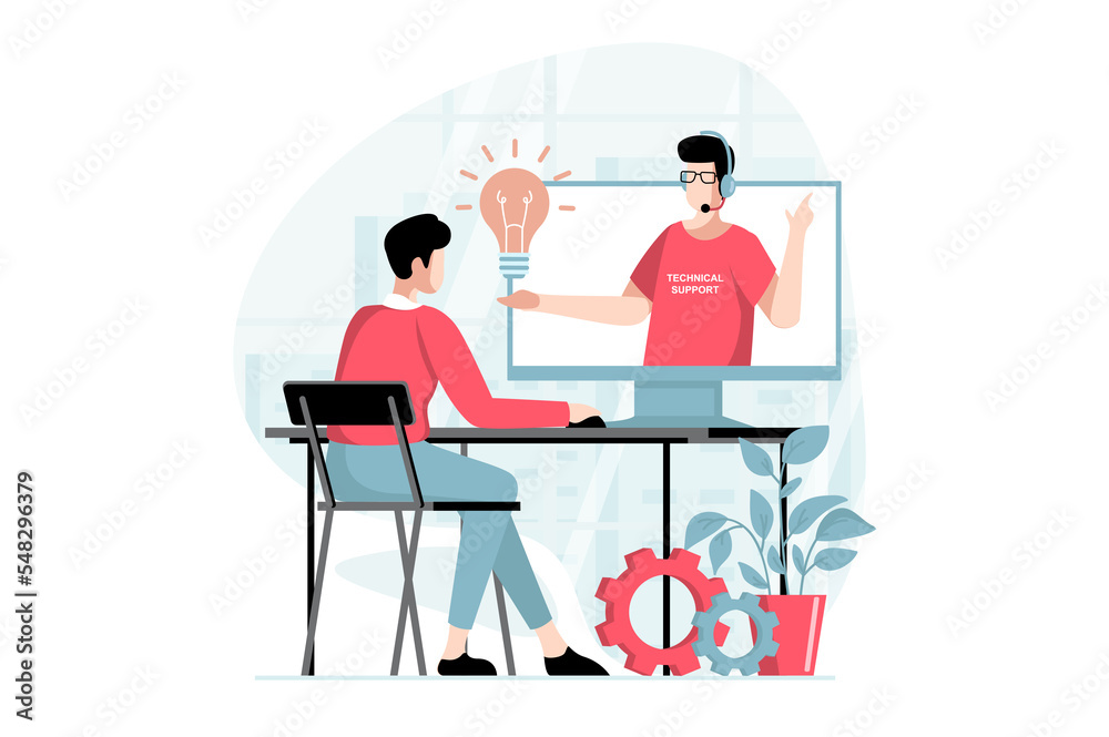 Technical support concept with people scene in flat design. Man watches video tutorial with tips on repairing and settings from tech specialist. Illustration with character situation for web - obrazy, fototapety, plakaty 