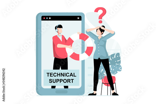 Technical support concept with people scene in flat design. Upset woman writes in online chat and tech engineer operator gives lifebuoy and helps. Illustration with character situation for web photo