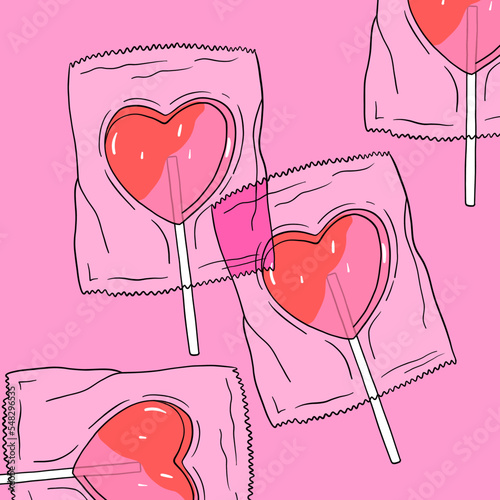 Illustration with cute heart shaped lollipop in transparent plastic pack. Girly design with sweet candy. Flat style. Hand Drawn vector illustration