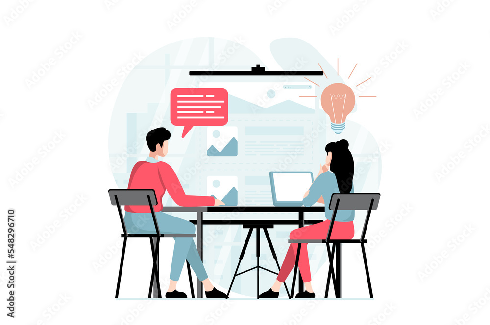 UI and UX design concept with people scene in flat style. Man and woman work as designers, brainstorming and create interfaces for applications. Illustration with character situation for web - obrazy, fototapety, plakaty 