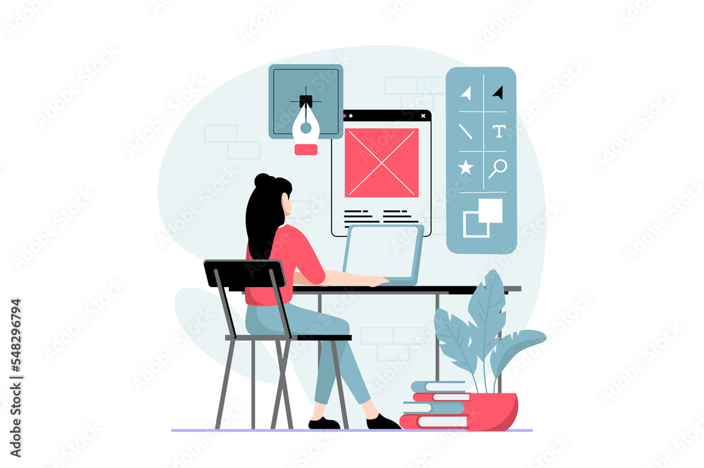 UI and UX design concept with people scene in flat style. Woman work as illustrator, drawing content and elements, creates buttons for layouts. Illustration with character situation for web - obrazy, fototapety, plakaty 